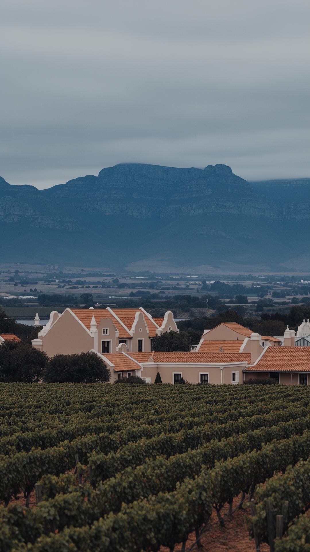 Worcester valley with Cape Dutch architecture and the Boland mountains